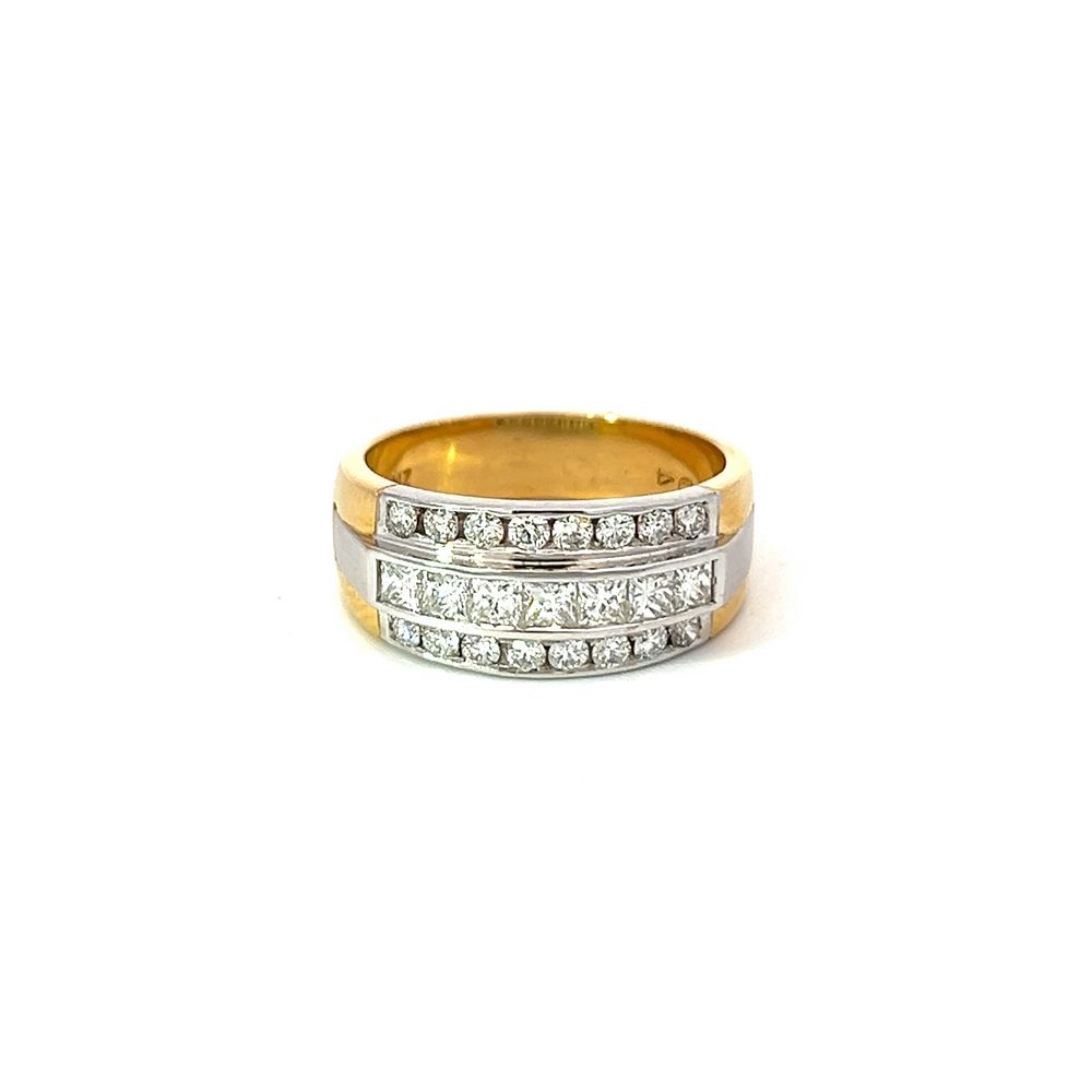 Princess Cut Diamond Triple Channel Ring in White & Yellow Gold