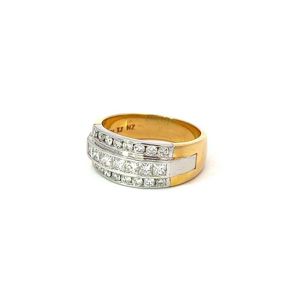 Princess Cut Diamond Triple Channel Ring in White & Yellow Gold