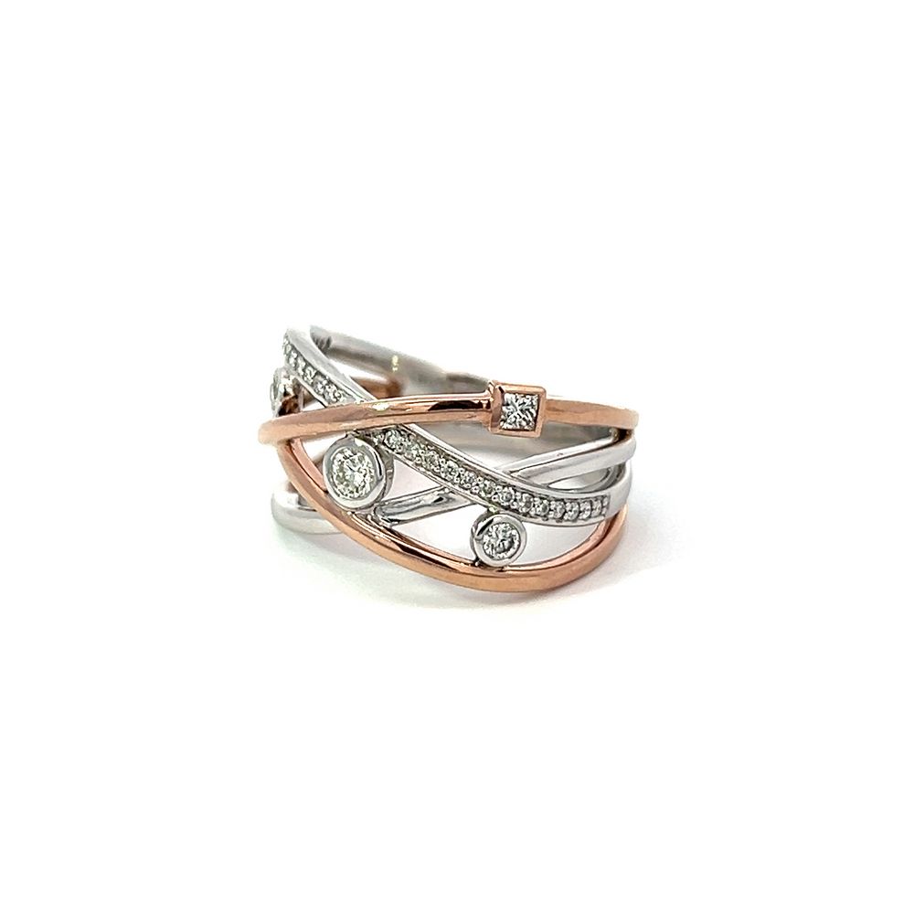 Cross-over Multi Stone Diamond Ring in Rose & White Gold