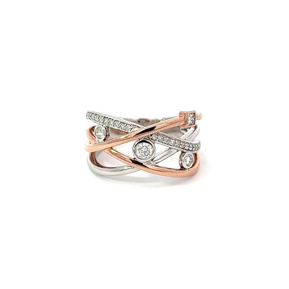 Cross-over Multi Stone Diamond Ring in Rose & White Gold