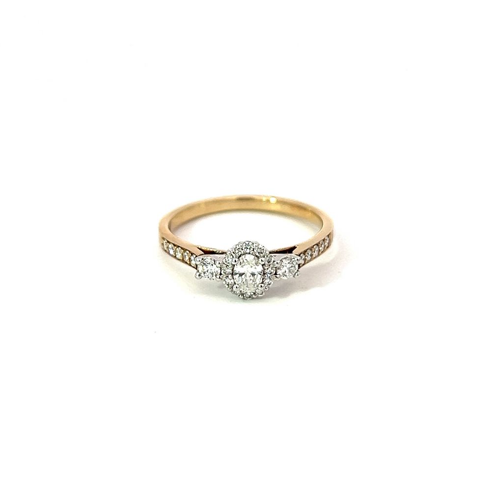 Oval Halo Three Stone Diamond Ring in White & Yellow Gold