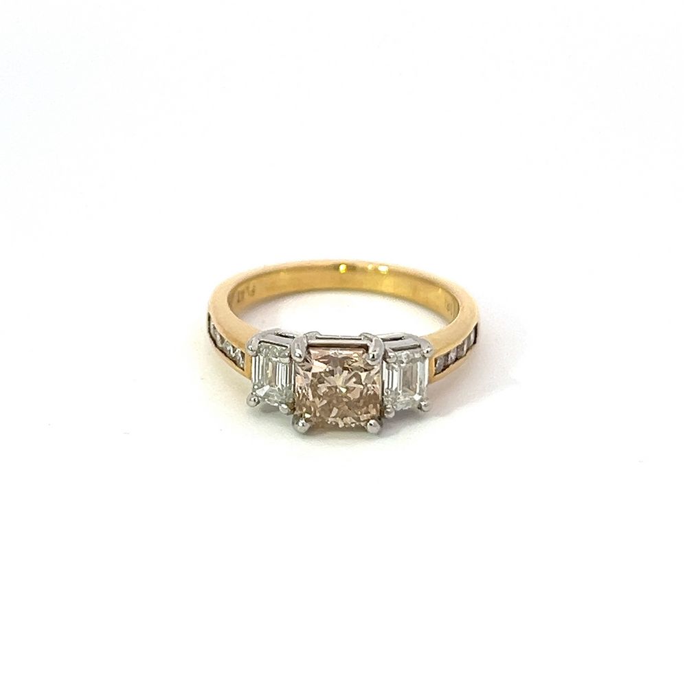 Champagne & White Diamond Three Stone Ring in Gold & Platinum