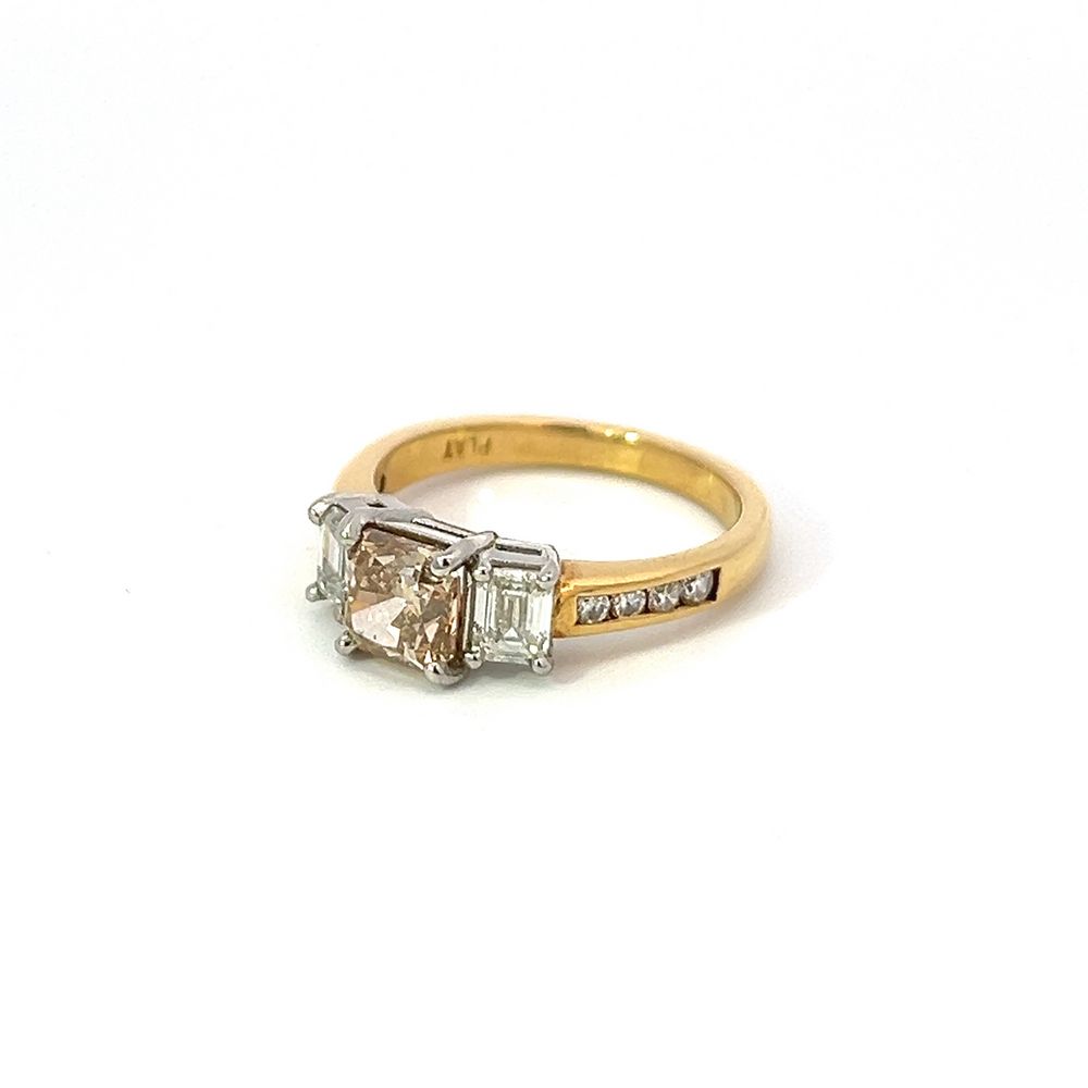 Champagne & White Diamond Three Stone Ring in Gold & Platinum