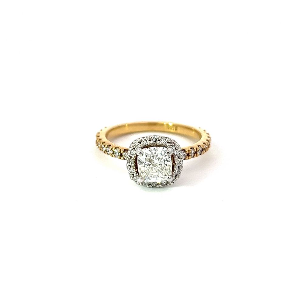 Cushion Cut Diamond Halo Ring in White & Yellow Gold