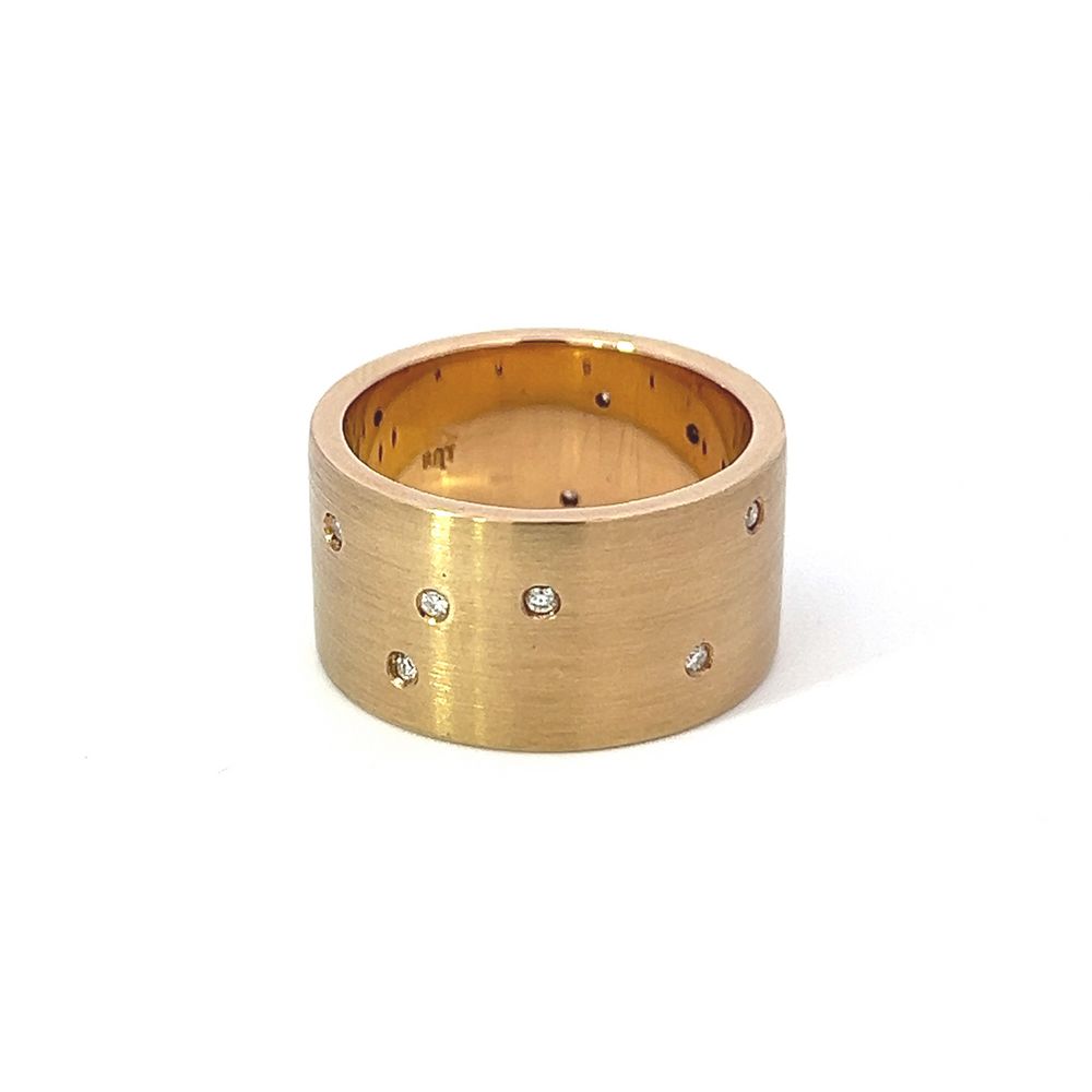 Handmade Wide Yellow Gold Matte Band with Shot-set Diamonds