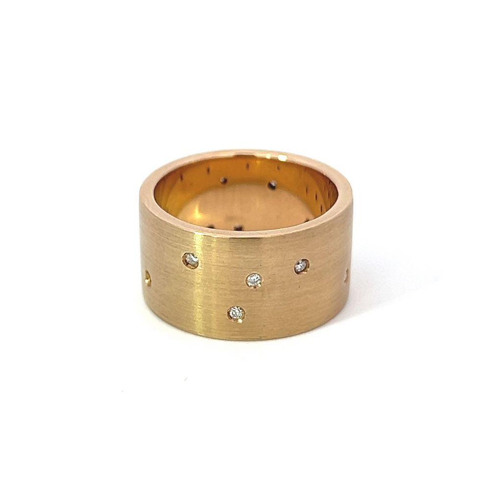 Handmade Wide Yellow Gold Matte Band with Shot-set Diamonds