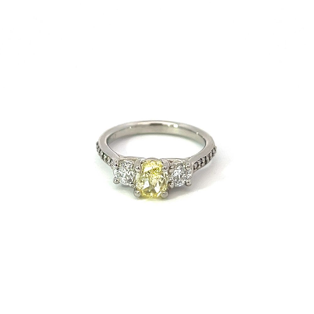 Yellow and Colourless Diamond Three Stone Platinum Ring