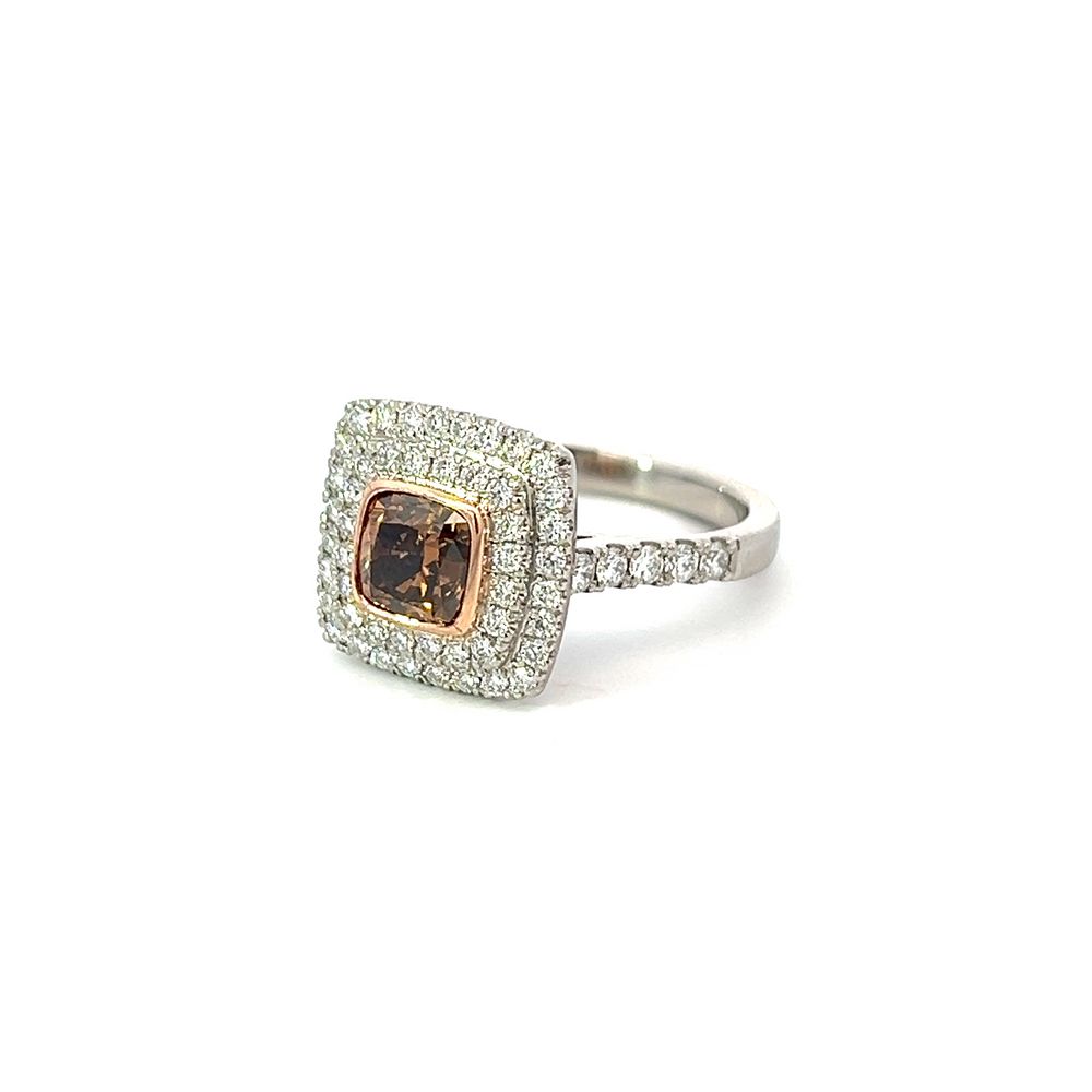 Double Halo Cushion Cut Cognac Diamond in Platinum & 18ct Gold