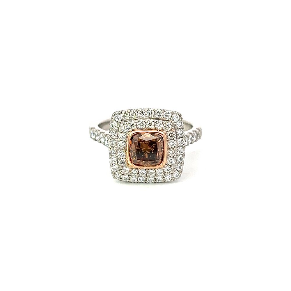 Double Halo Cushion Cut Cognac Diamond in Platinum & 18ct Gold