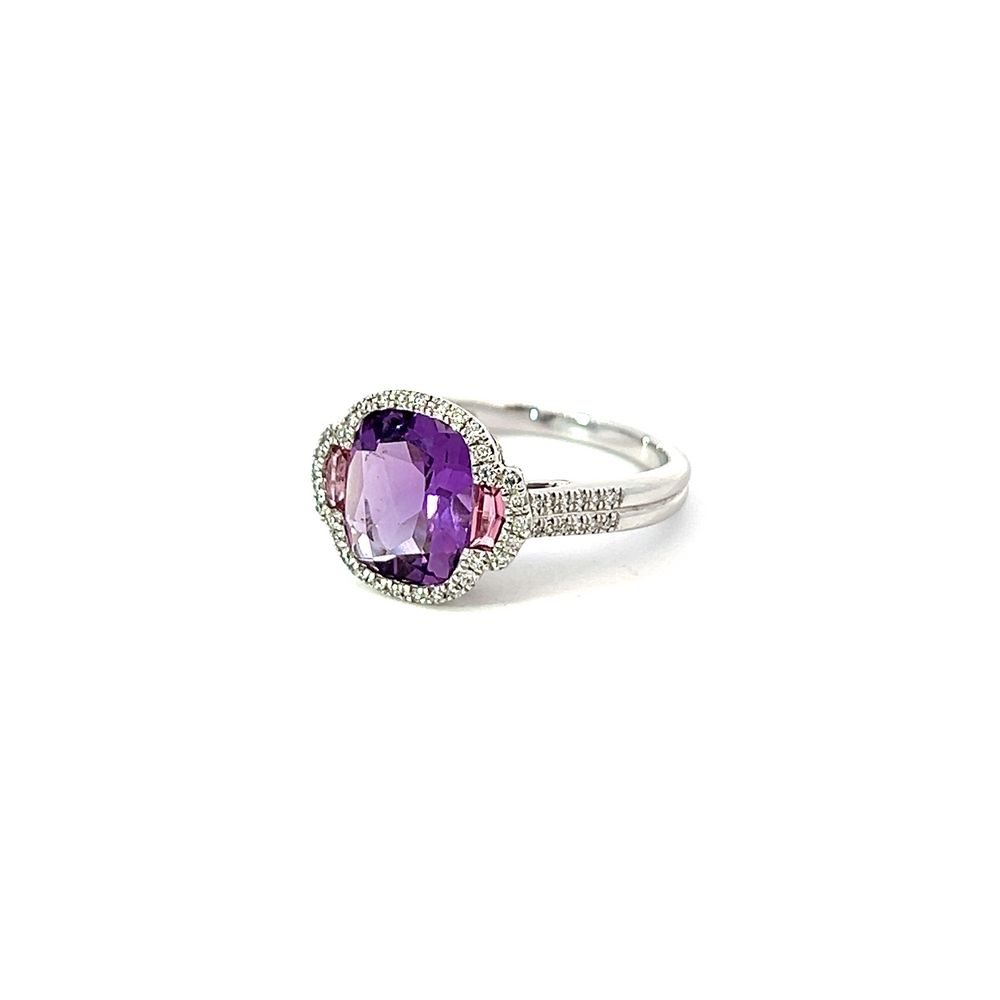 Amethyst, Pink Tourmaline & Diamond Halo Ring