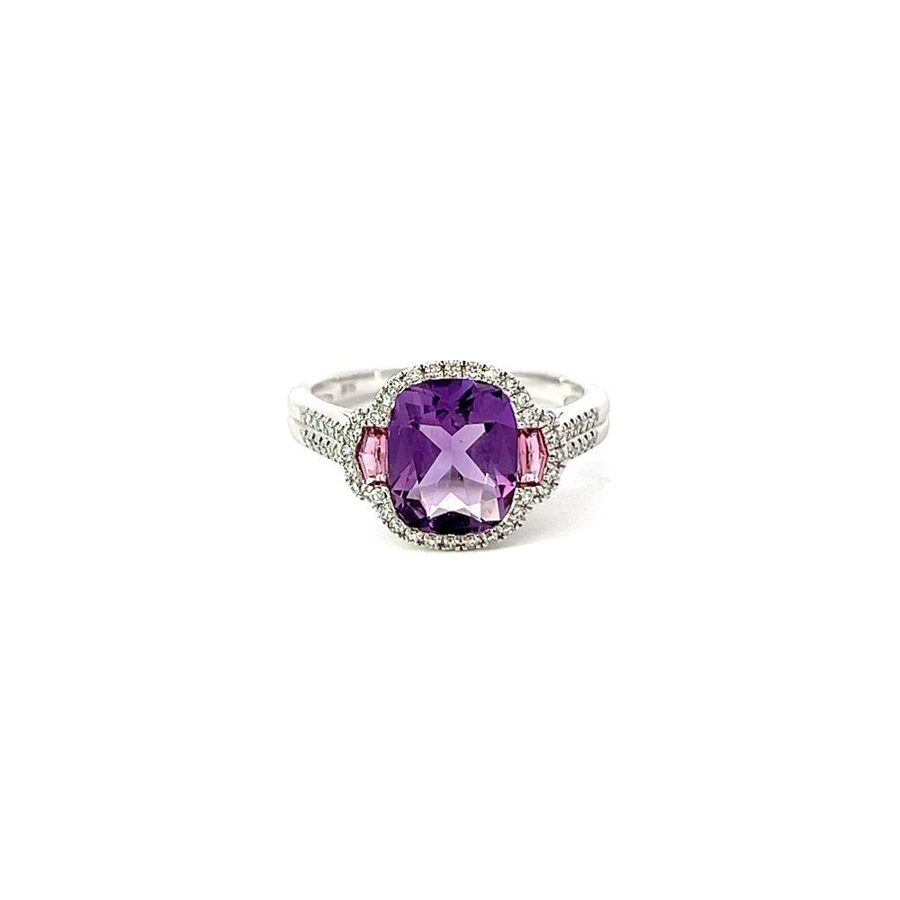 Amethyst, Pink Tourmaline & Diamond Halo Ring