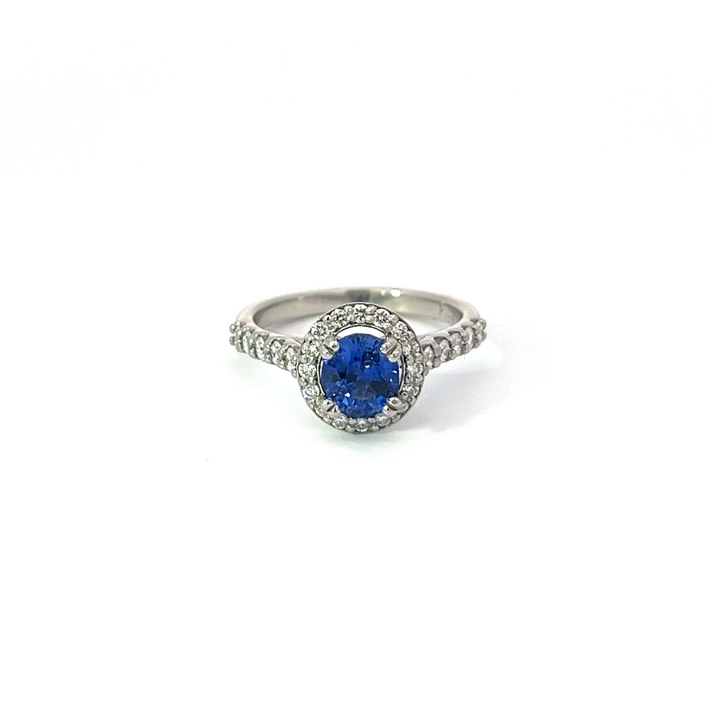 1.38ct Ceylon Sapphire & Diamond Halo Ring In Platinum