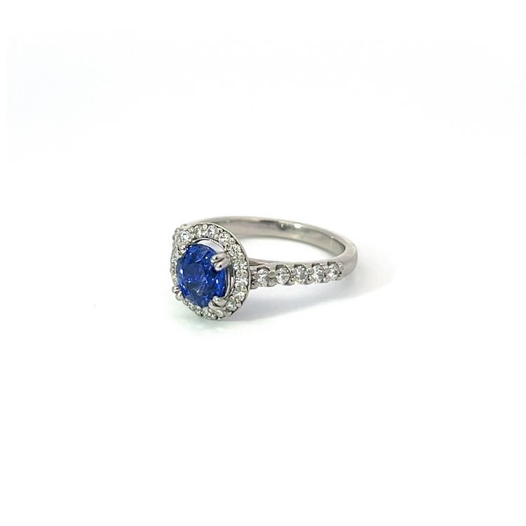 1.38ct Ceylon Sapphire & Diamond Halo Ring In Platinum