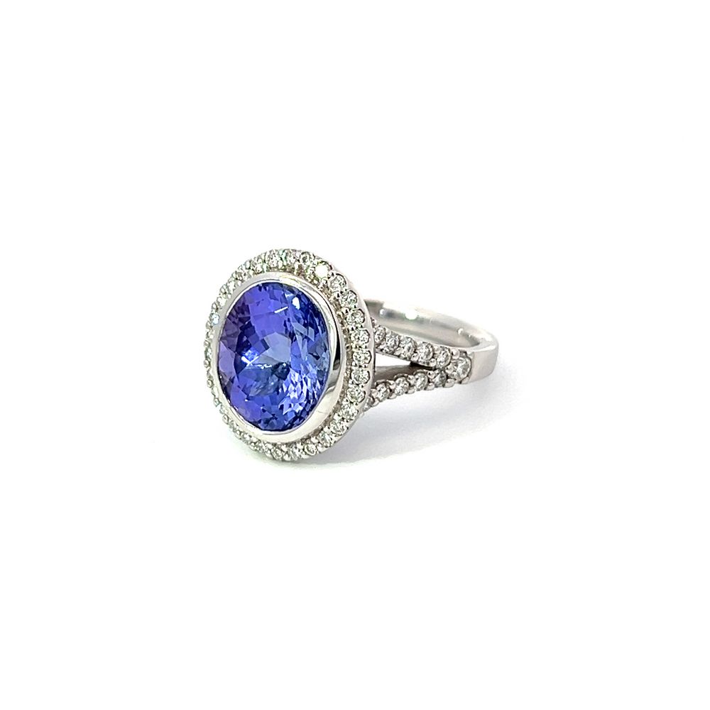 Statement 4.13ct Tanzanite & Diamond Halo Ring in White Gold