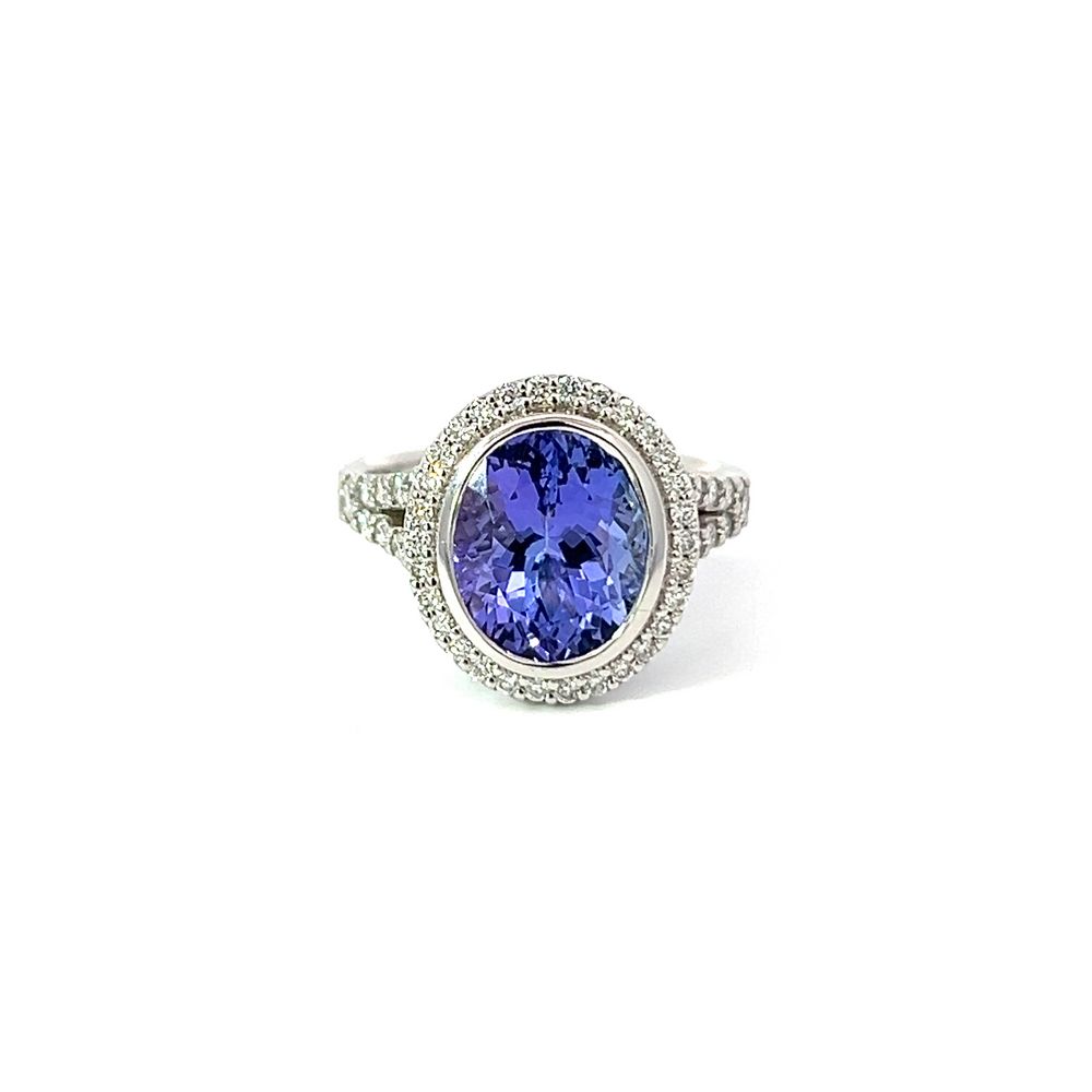 Statement 4.13ct Tanzanite & Diamond Halo Ring in White Gold