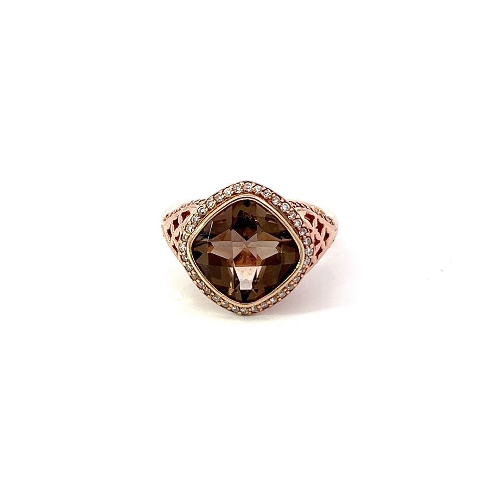 3.55ct Checkerboard Cut Smokey Quartz Solitaire & Diamond Ring