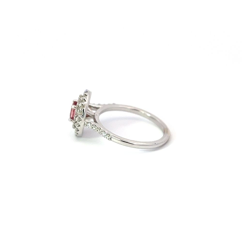 Oval Peach Sapphire & Diamond Double Halo Ring in White Gold