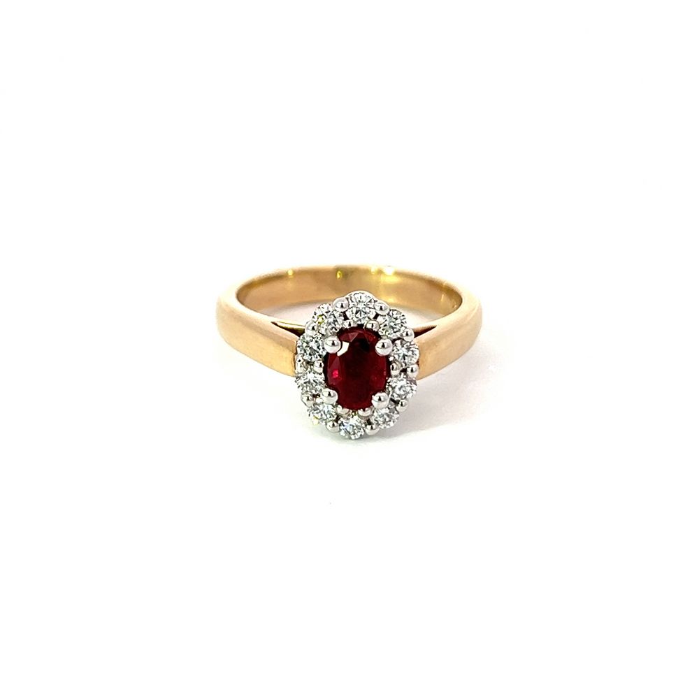 Ruby & Diamond Oval Cluster Ring in Two Toned Gold