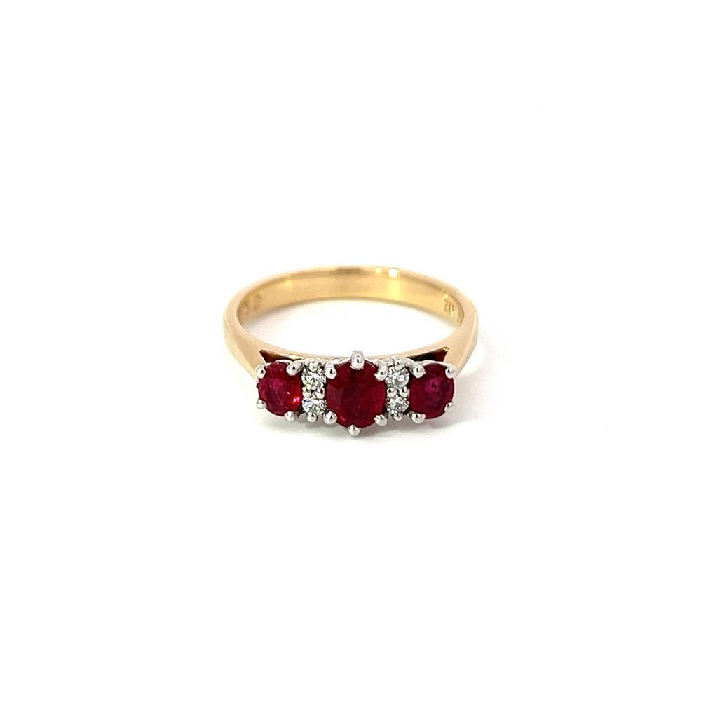 Oval Ruby 3 Stone Ring in Yellow & White Gold