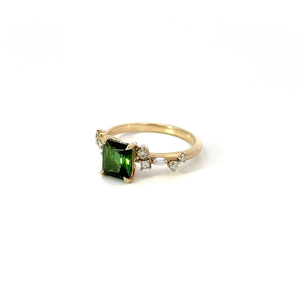 Emerald Cut Green Tourmaline & Diamond Asymmetric Cluster Ring