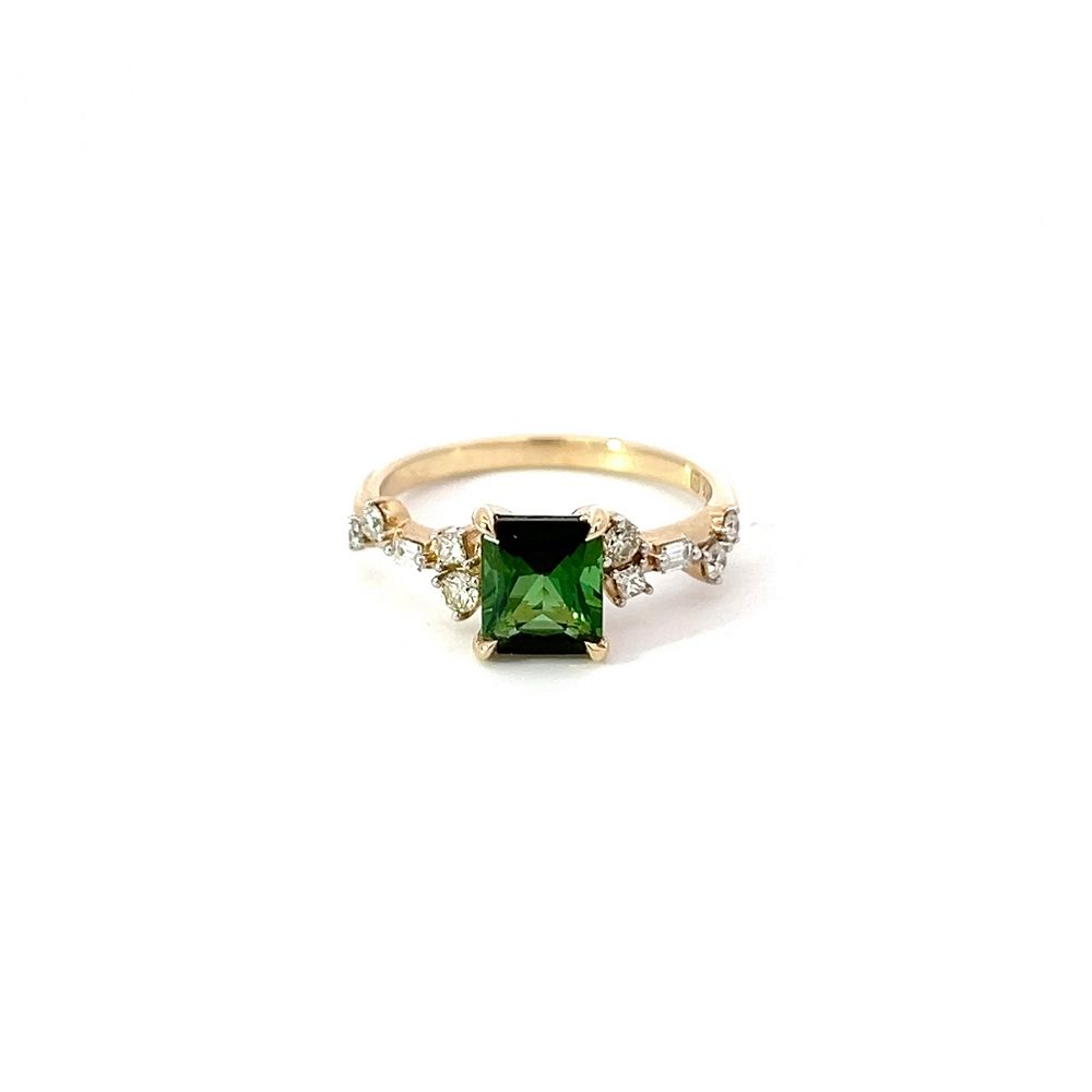 Emerald Cut Green Tourmaline & Diamond Asymmetric Cluster Ring