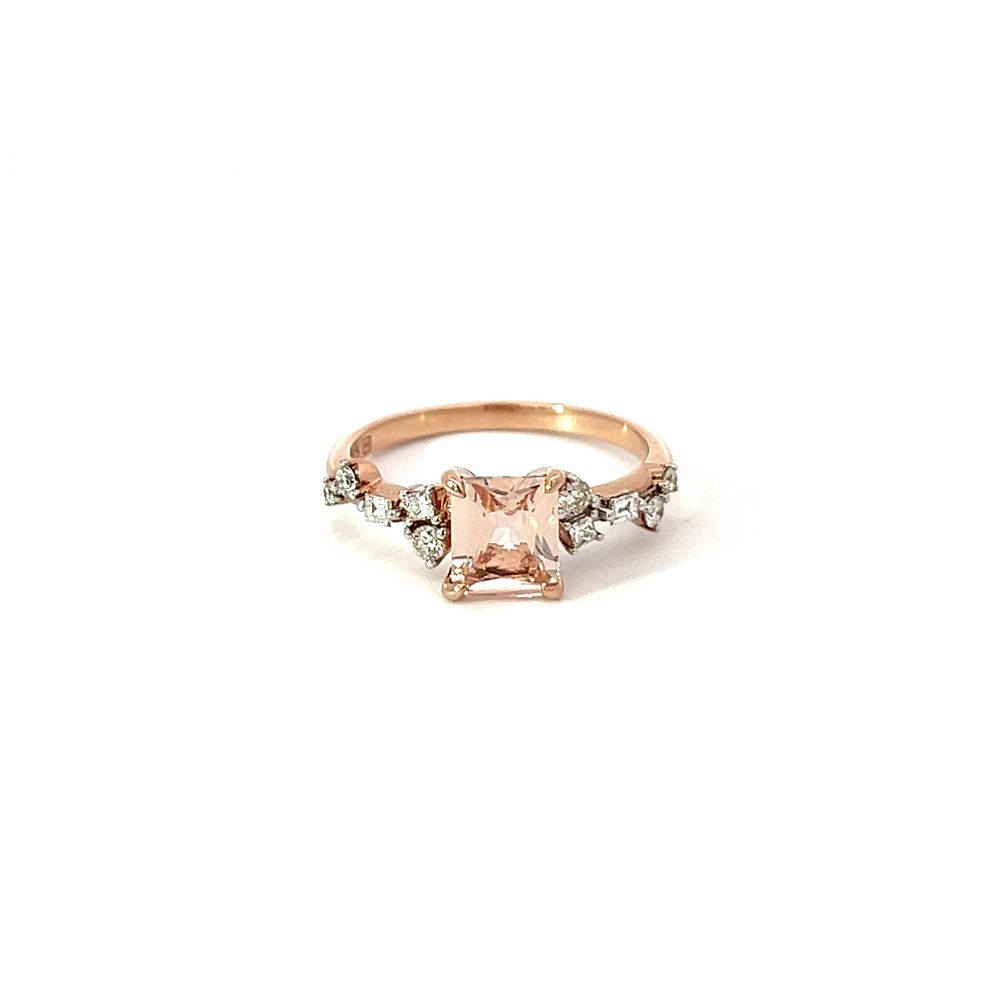 Emerald Cut Morganite & Diamond Asymmetric Cluster Ring