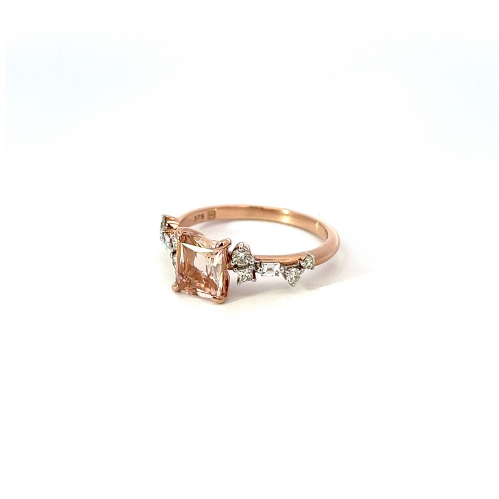 Emerald Cut Morganite & Diamond Asymmetric Cluster Ring