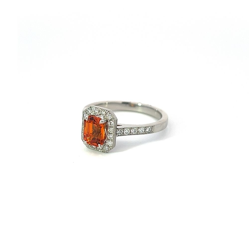 1.29ct Orange Sapphire & Diamond Halo Ring in White Gold