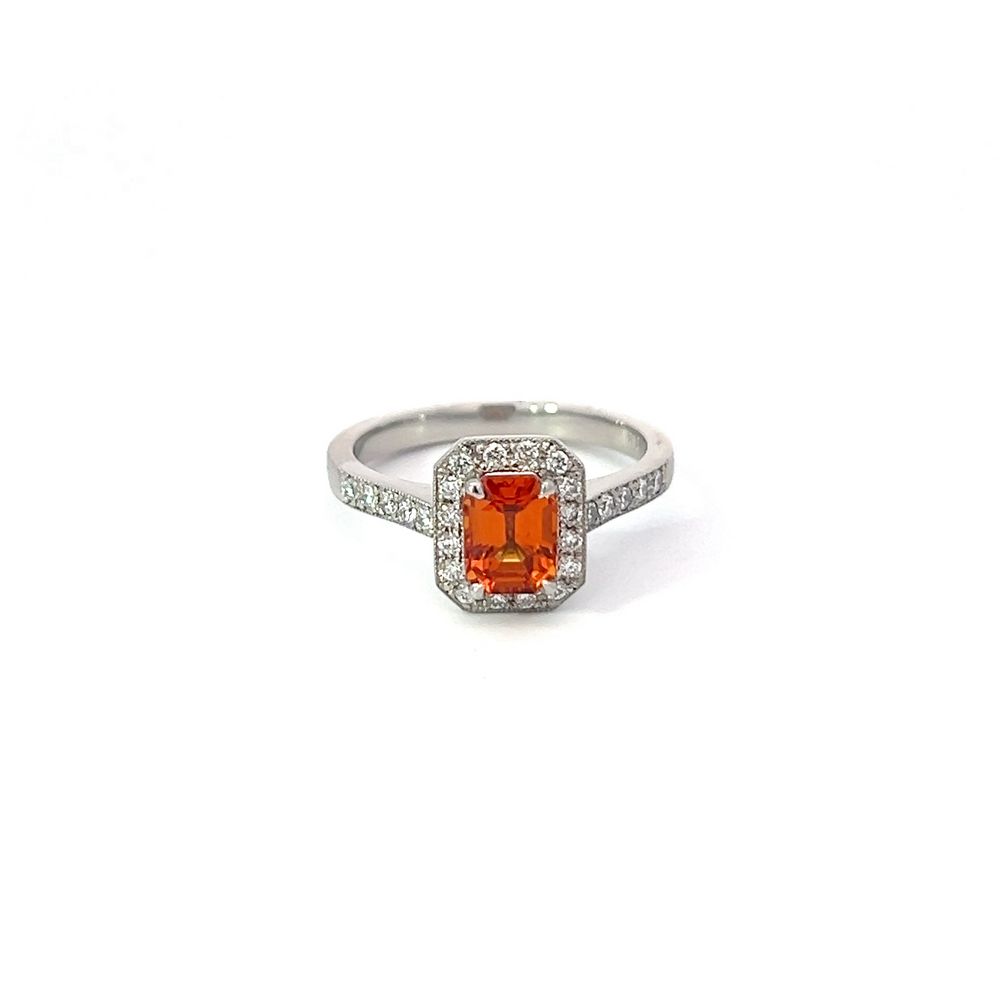 1.29ct Orange Sapphire & Diamond Halo Ring in White Gold