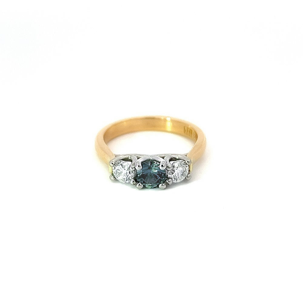 Teal Sapphire and Diamond Three Stone Ring in Gold