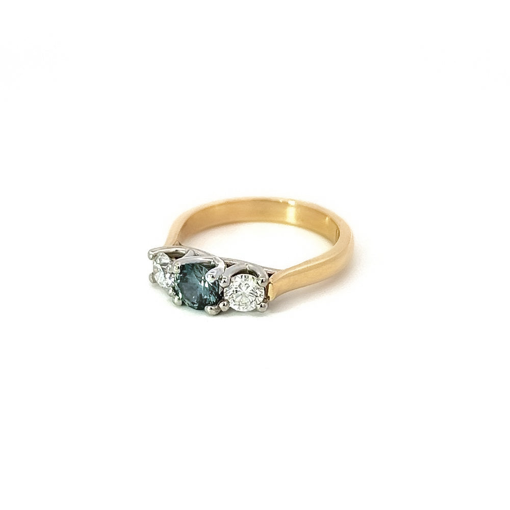 Teal Sapphire and Diamond Three Stone Ring in Gold