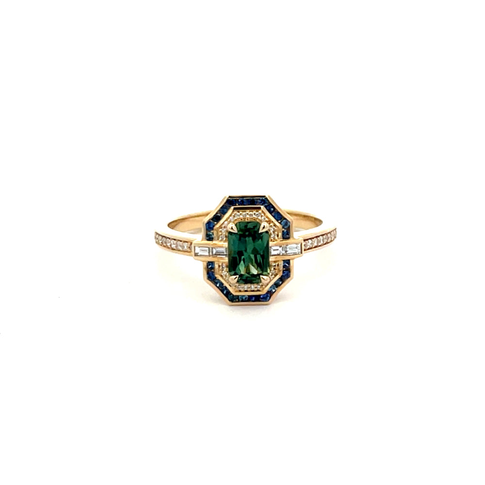 Vintage Art Deco Teal Sapphire and Diamond Ring in 9ct Gold