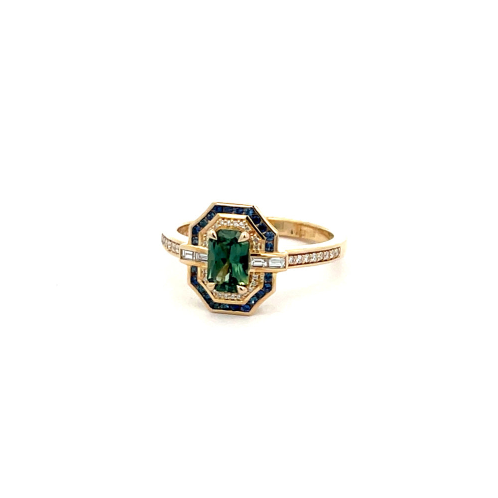 Vintage Art Deco Teal Sapphire and Diamond Ring in 9ct Gold