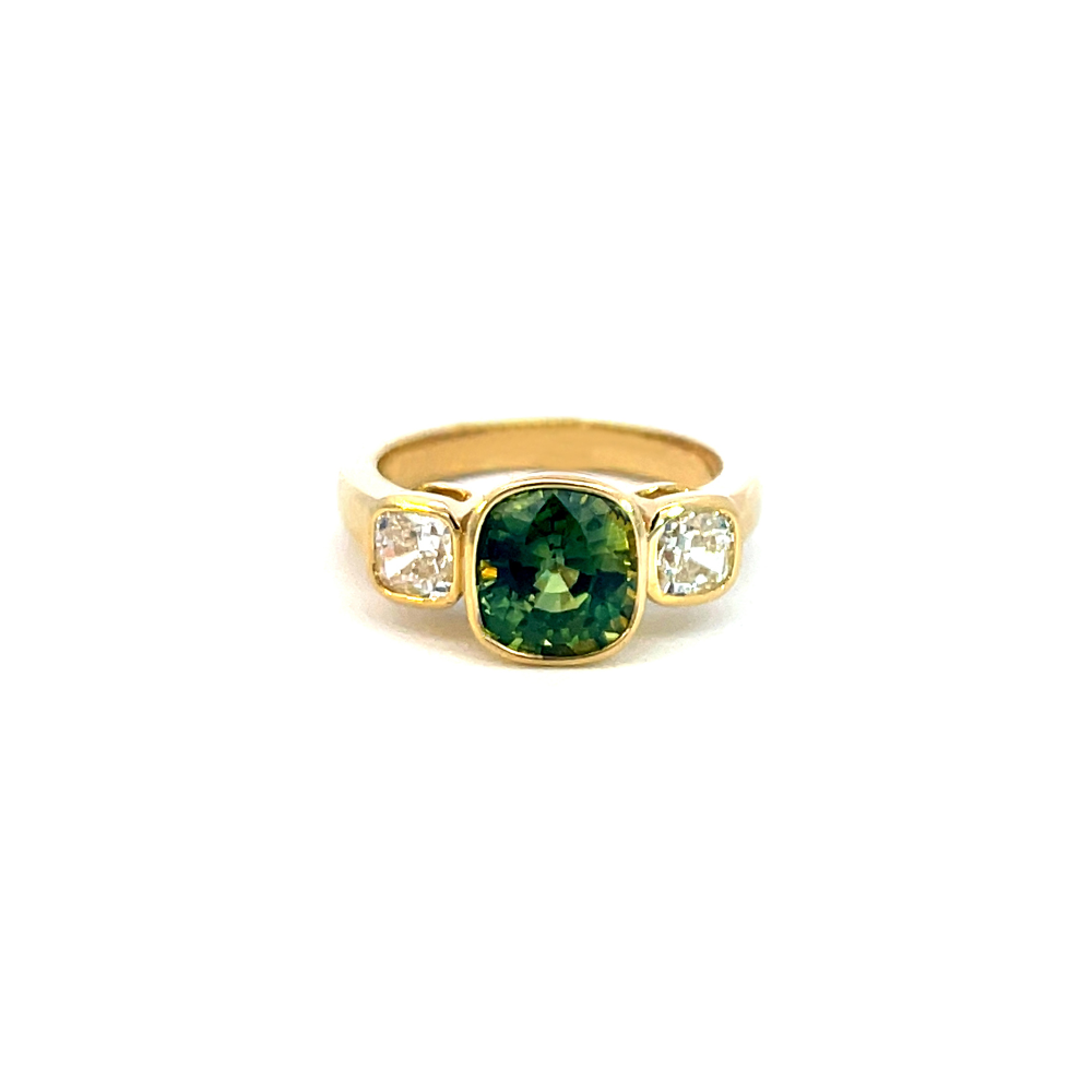 Handmade 3.28 Cushion-Cut Parti-Sapphire & Diamond Ring in 18ct Gold