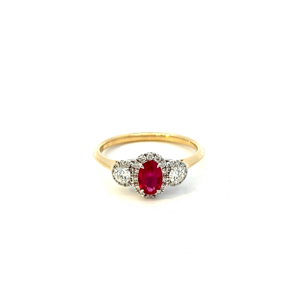 Oval Ruby and Diamond Halo Ring set in Two Tone 9ct Gold