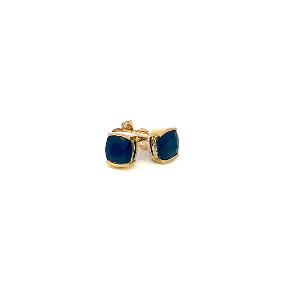 Cushion Cut Sapphire Top Bezel Set Stud Earrings in Gold