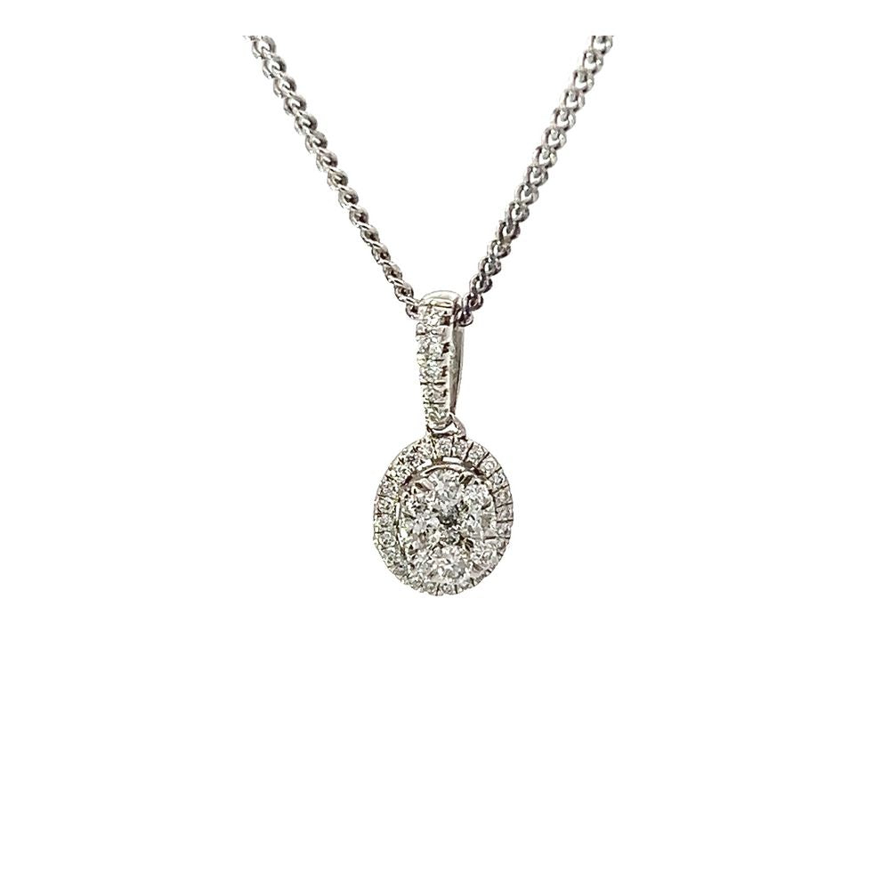 9ct White Gold & Diamond Oval Halo Cluster Pendant