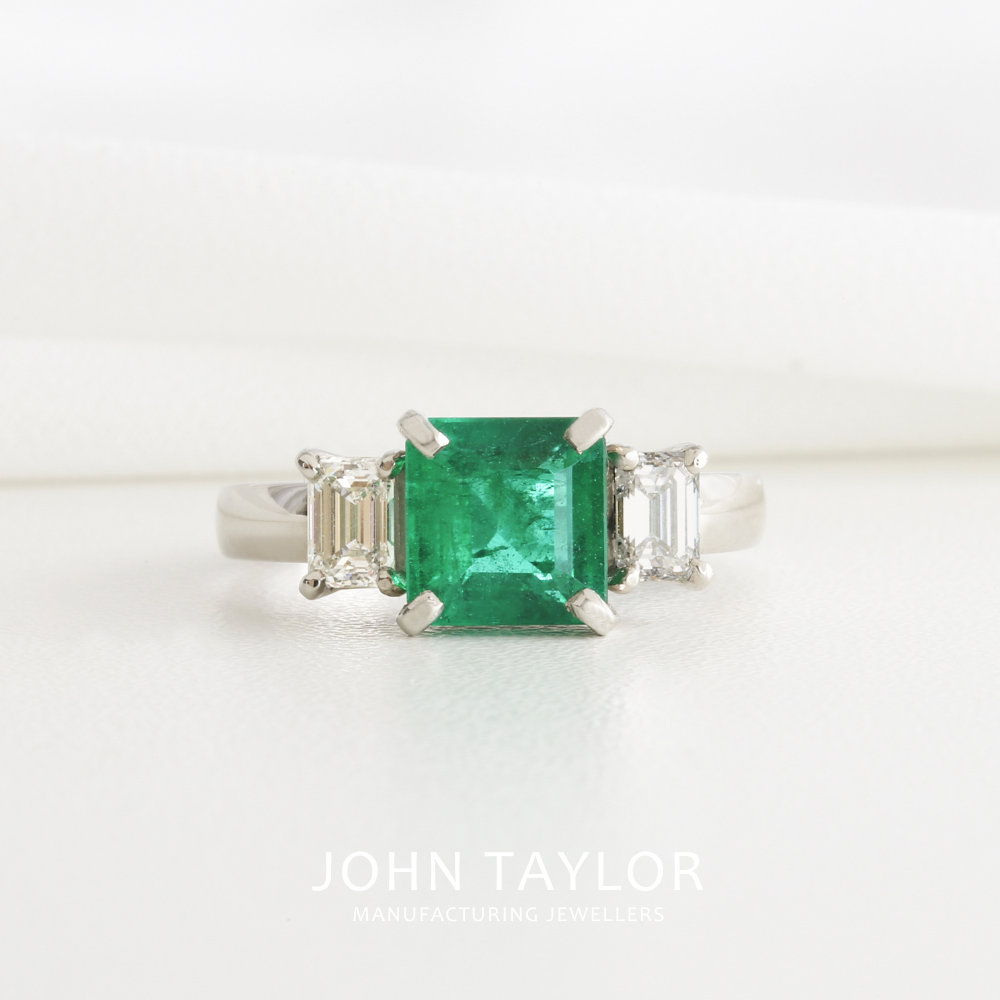 2.13ct Columbian Emerald & Diamond 3 Stone Ring In Platinum