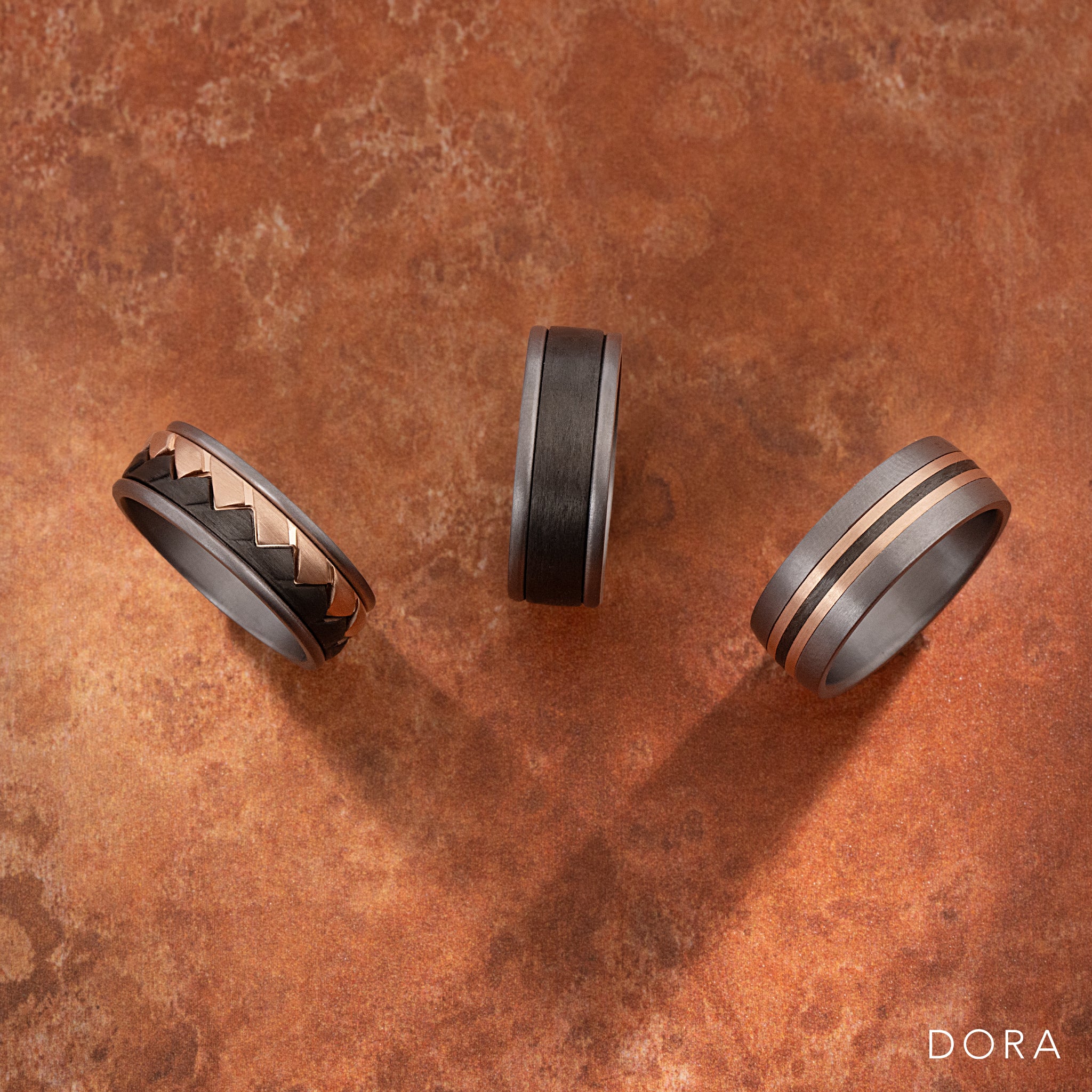 DORA Men's Tantalum & Rose Gold Ring with Carbon Strip