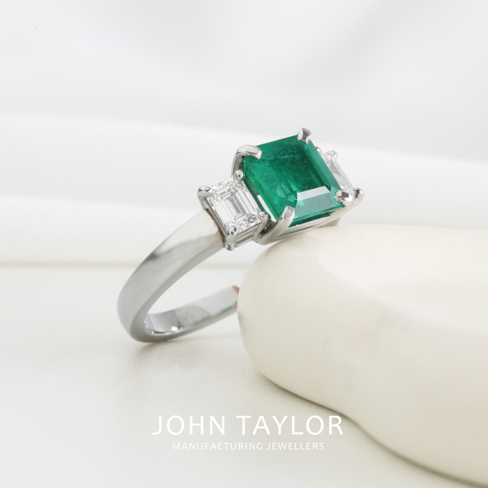 2.13ct Columbian Emerald & Diamond 3 Stone Ring In Platinum