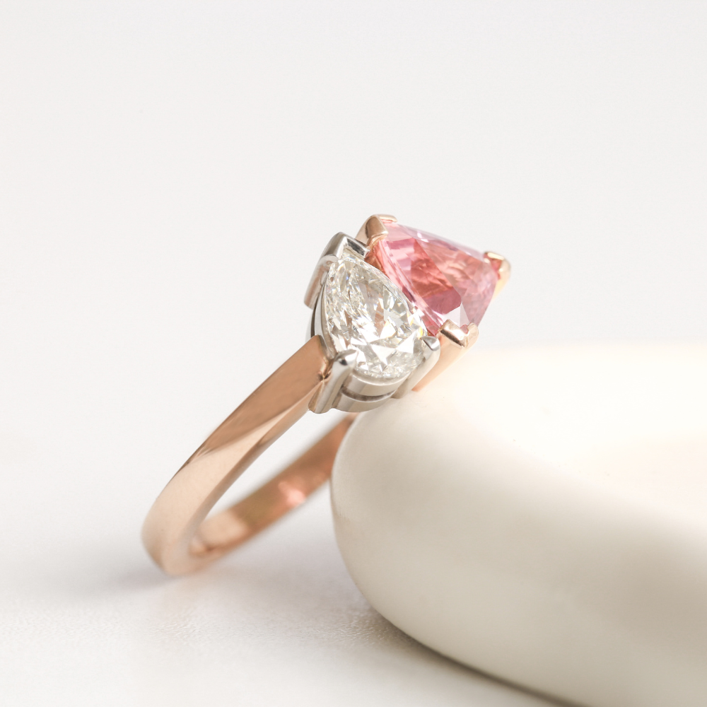 Diamond and Pink Tourmaline 18ct Rose Gold & Platinum Toi Et Moi Ring