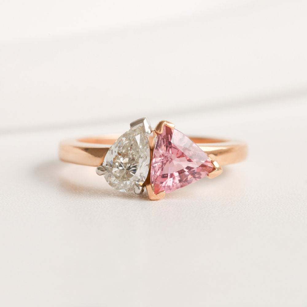 Diamond and Pink Tourmaline 18ct Rose Gold & Platinum Toi Et Moi Ring