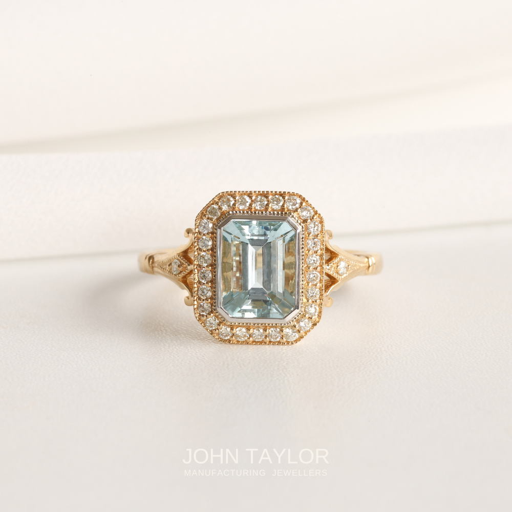 1.36ct Aquamarine & Diamond Halo Ring in 9ct Gold