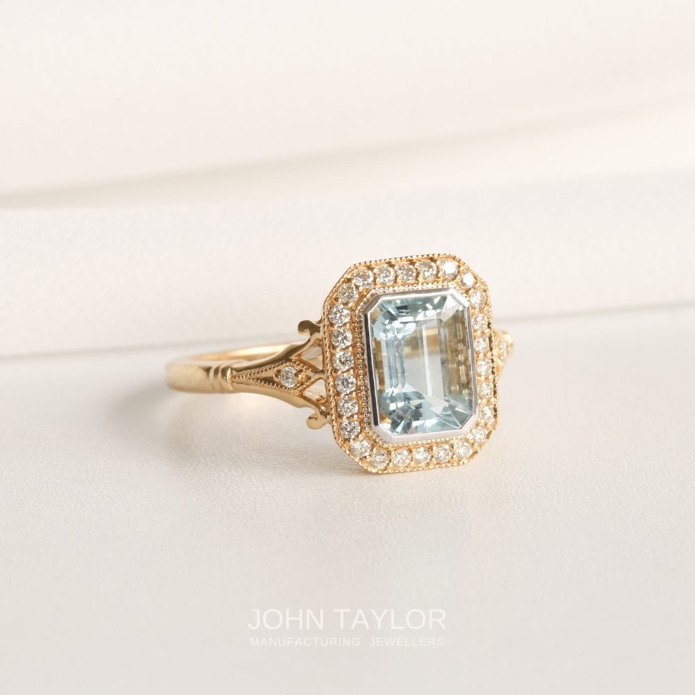 1.36ct Aquamarine & Diamond Halo Ring in 9ct Gold