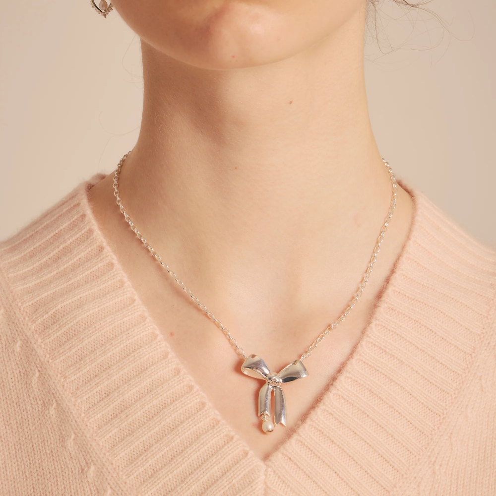 Karen Walker Silver Bow Necklace with 5.5mm Freshwater Pearl