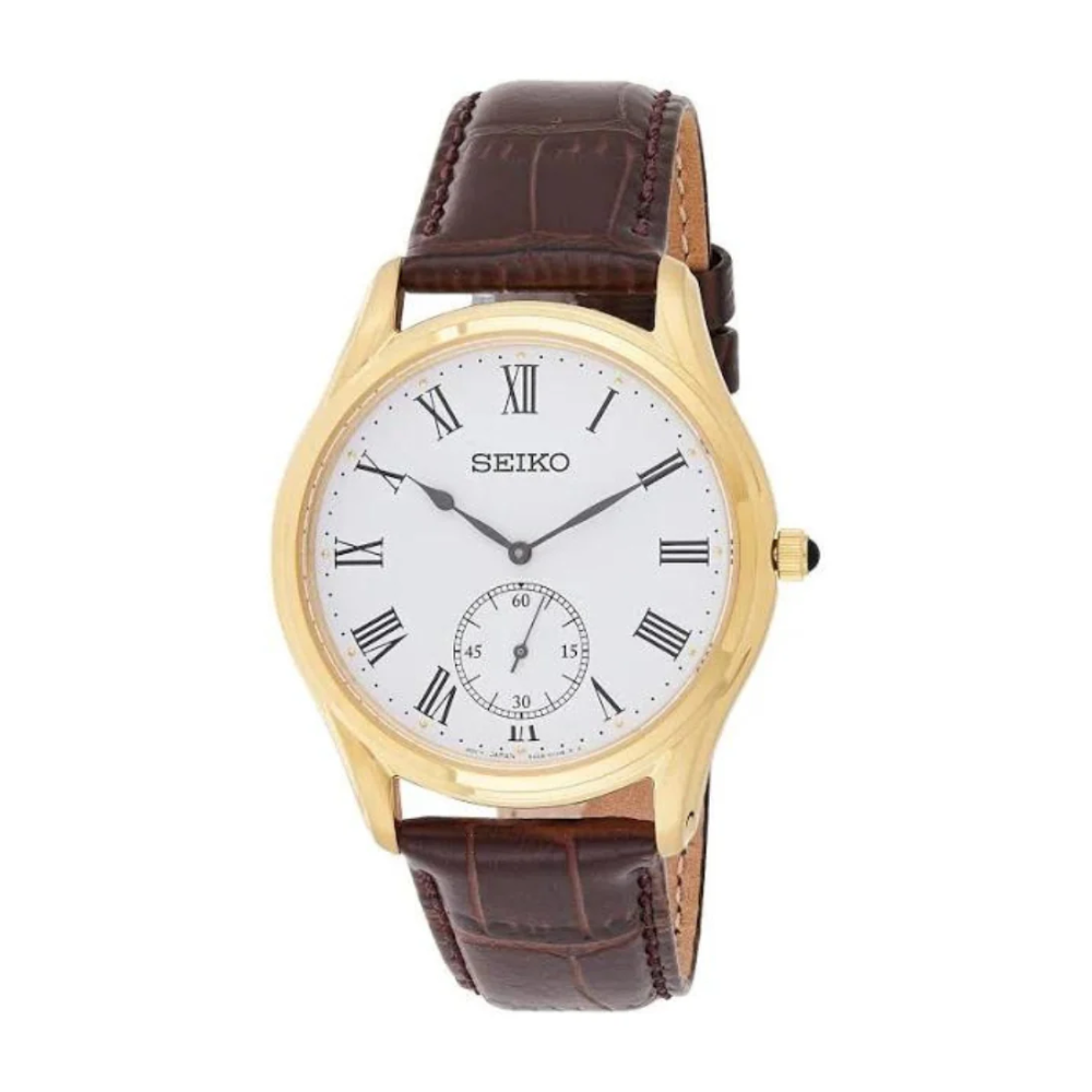 Seiko Men's Brown Leather Dress Watch in Gold/White