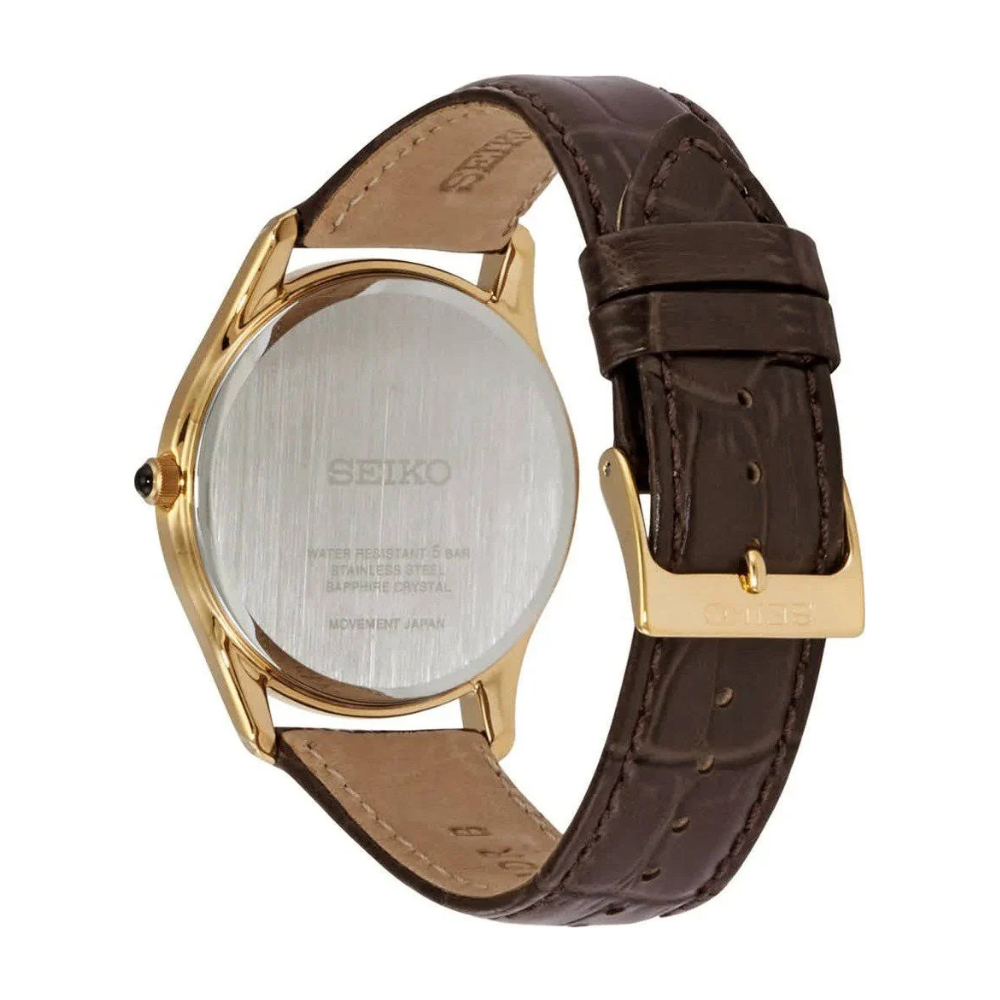 Seiko Men's Brown Leather Dress Watch in Gold/White