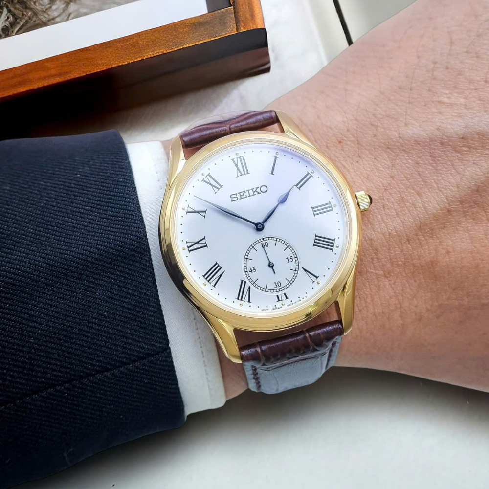 Seiko Men's Brown Leather Dress Watch in Gold/White – John Taylor