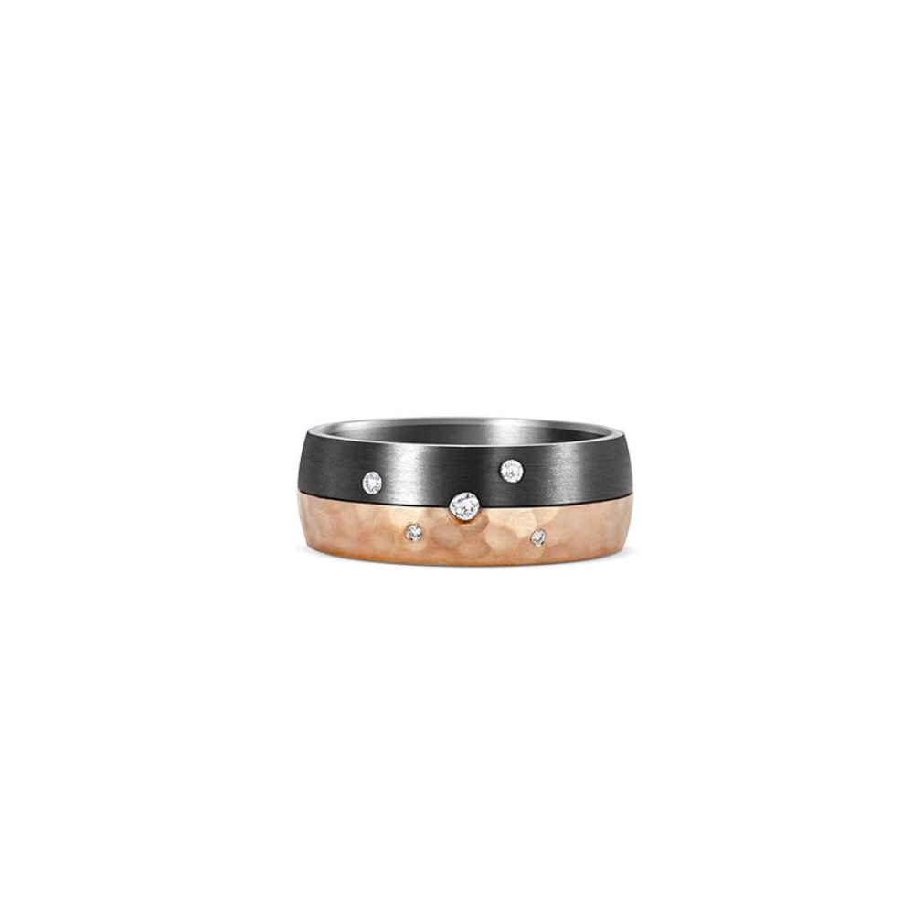 DORA Men's Tantalum & Hammered Rose Gold Ring with Scattered White Diamond
