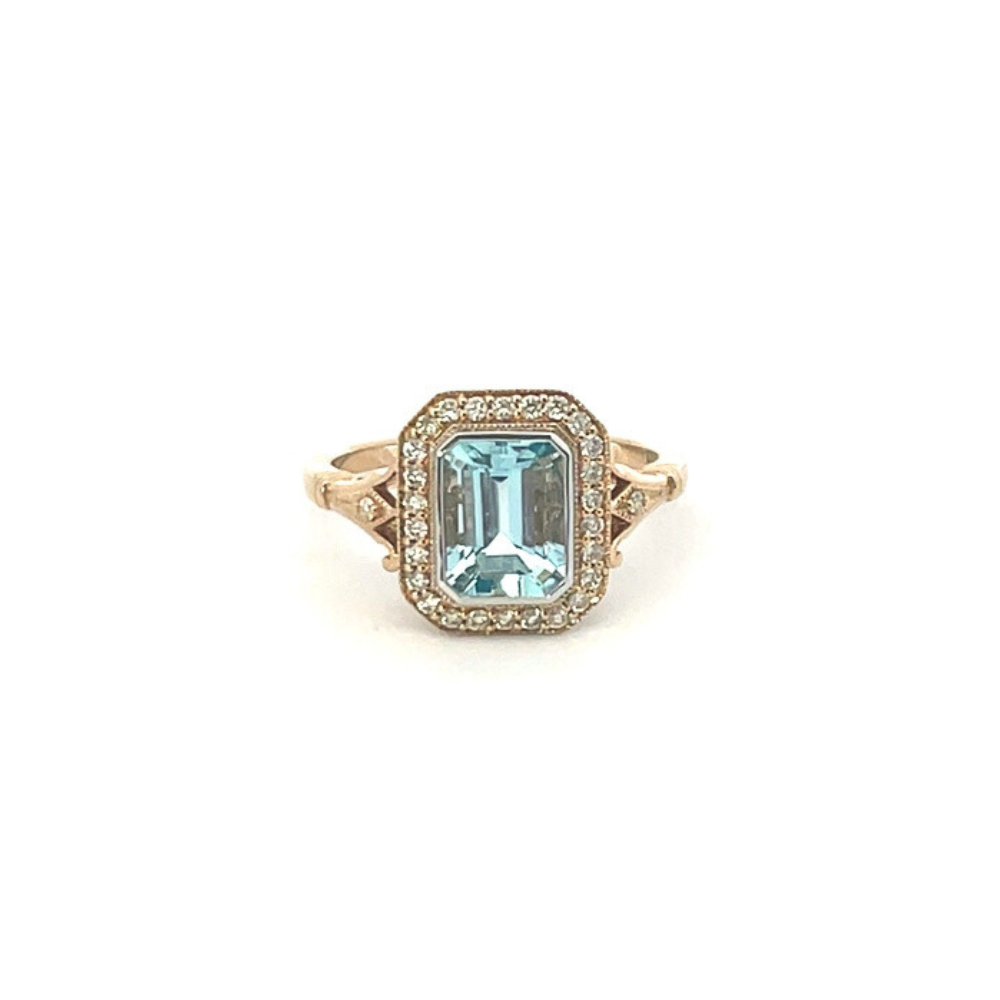 1.36ct Aquamarine & Diamond Halo Ring in 9ct Gold